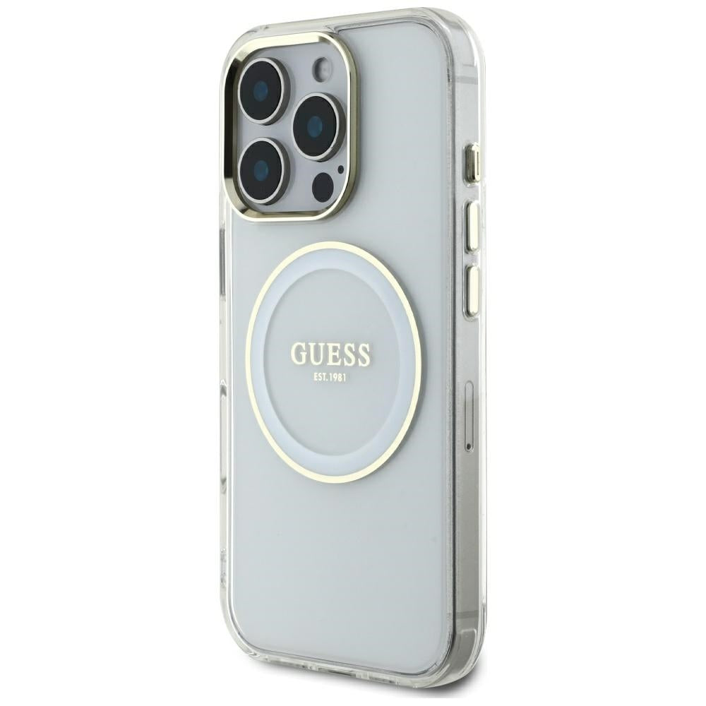 Funda MagSafe para Apple iPhone 16 Pro Max, Guess, IML Metal Colored Circle, Blanca