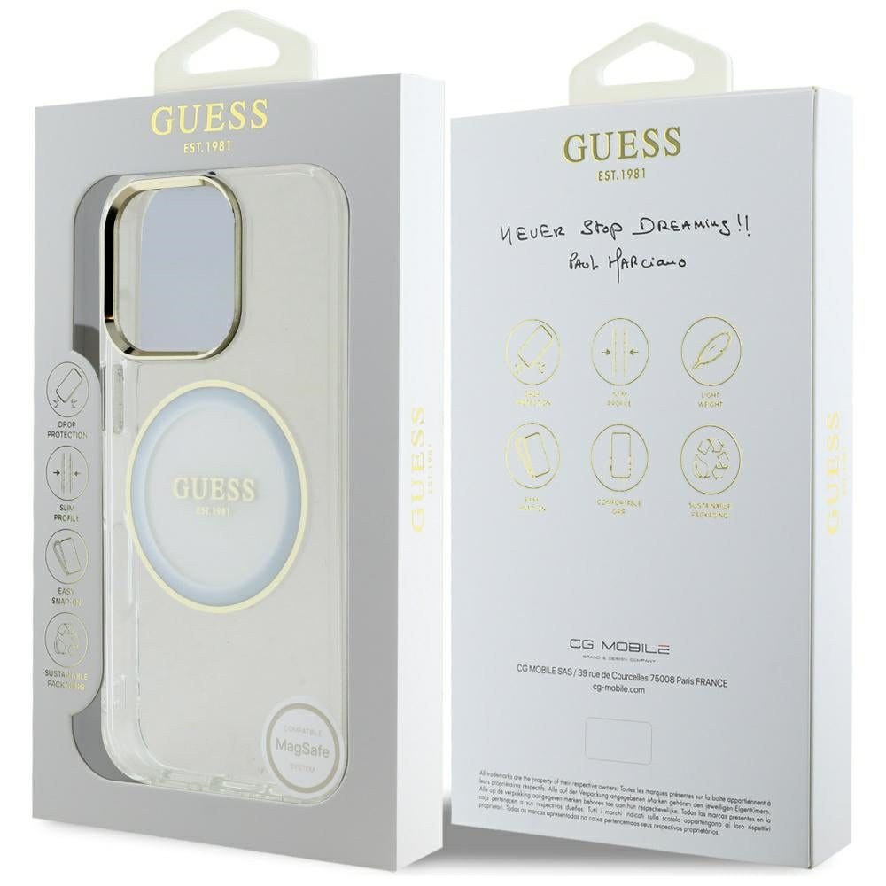 Funda MagSafe para Apple iPhone 16 Pro Max, Guess, IML Metal Colored Circle, Blanca