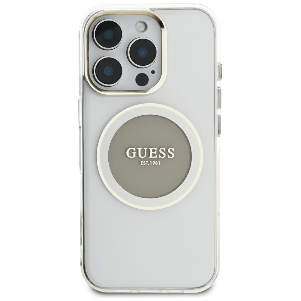 Funda MagSafe para Apple iPhone 16 Pro Max, Guess, IML Metal Colored Circle, Gris