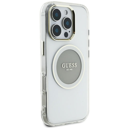 Funda MagSafe para Apple iPhone 16 Pro Max, Guess, IML Metal Colored Circle, Gris