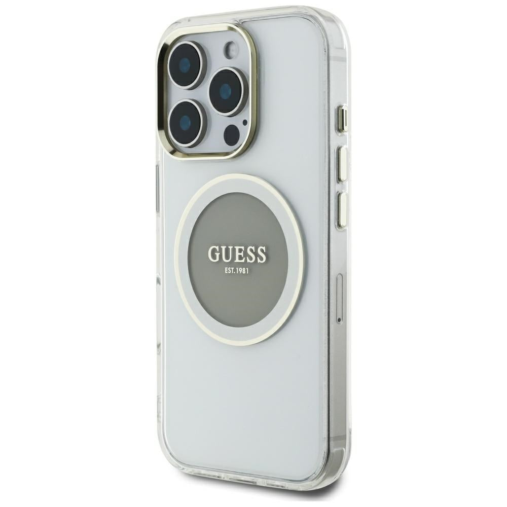 Funda MagSafe para Apple iPhone 16 Pro Max, Guess, IML Metal Colored Circle, Gris