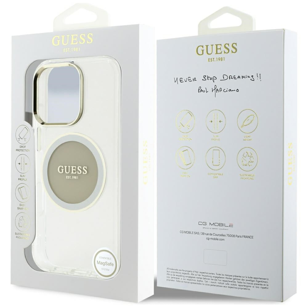 Funda MagSafe para Apple iPhone 16 Pro Max, Guess, IML Metal Colored Circle, Gris