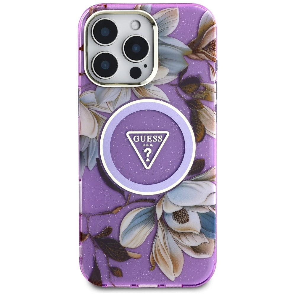 Funda MagSafe para Apple iPhone 16 Pro Max, Guess, IML Metal Glitter Flowers Triangle, Morado