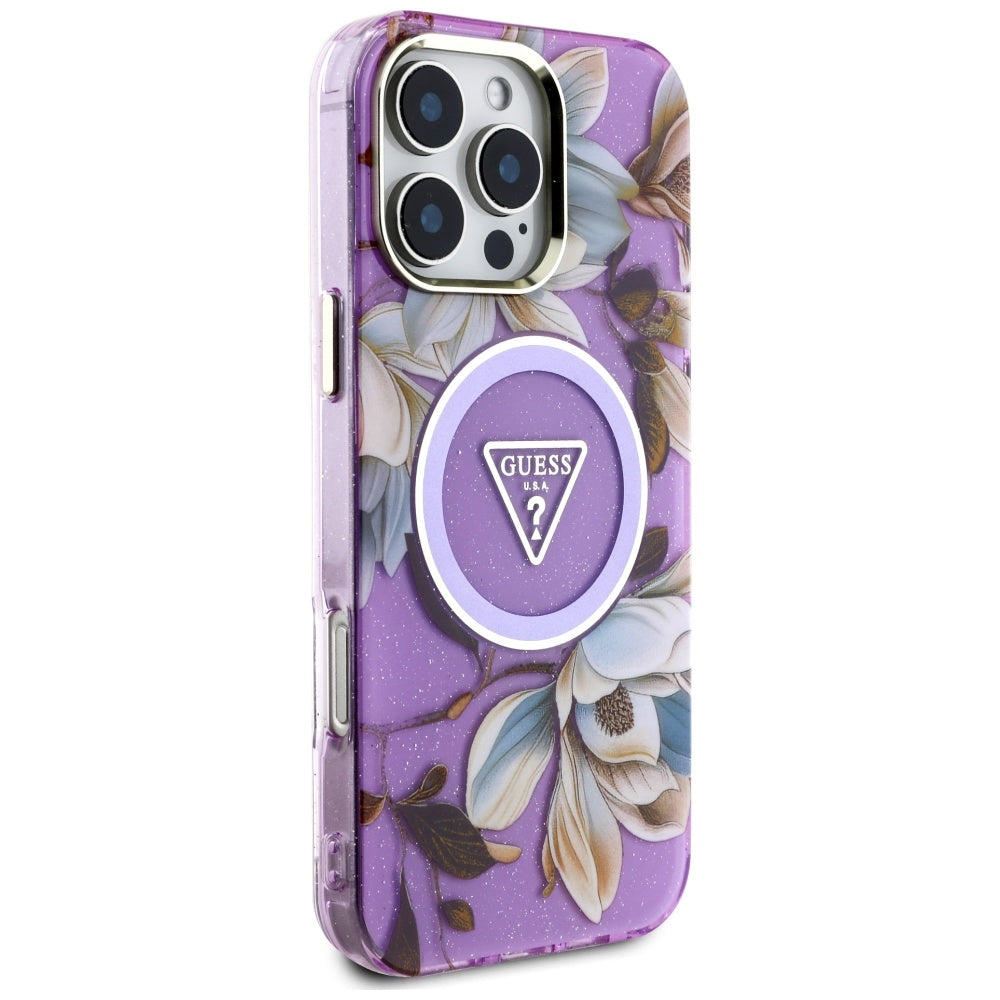 Funda MagSafe para Apple iPhone 16 Pro Max, Guess, IML Metal Glitter Flowers Triangle, Morado
