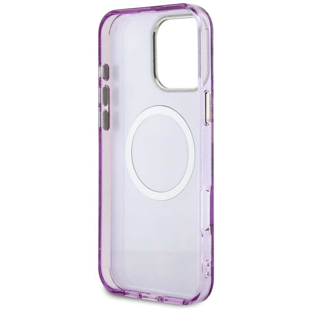 Funda MagSafe para Apple iPhone 16 Pro Max, Guess, IML Metal Glitter Flowers Triangle, Morado