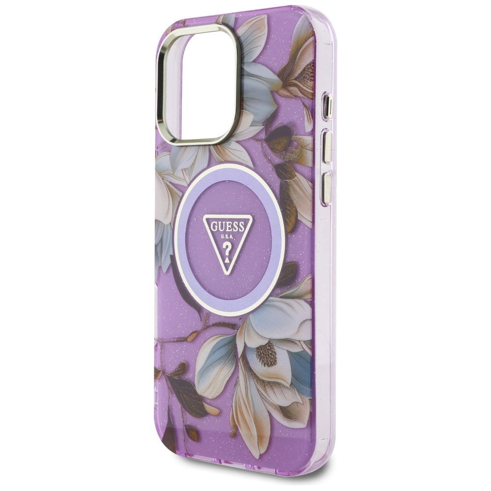 Funda MagSafe para Apple iPhone 16 Pro Max, Guess, IML Metal Glitter Flowers Triangle, Morado