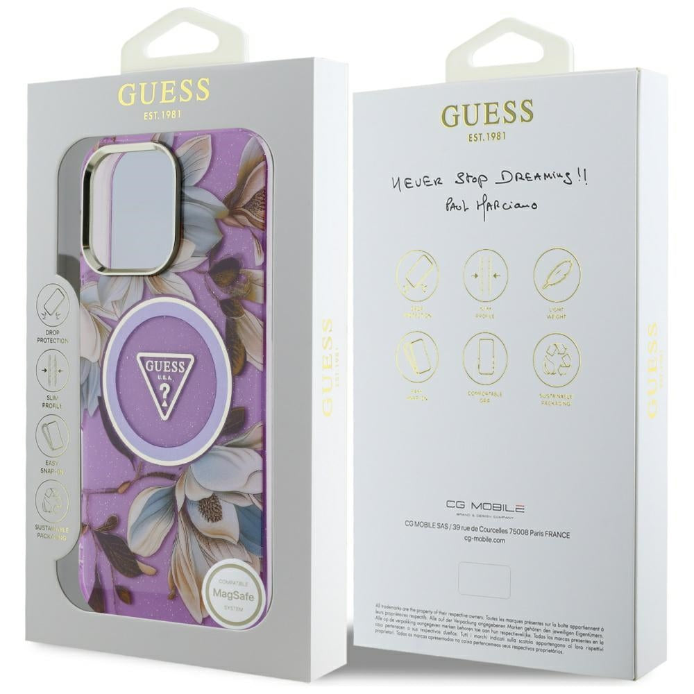 Funda MagSafe para Apple iPhone 16 Pro Max, Guess, IML Metal Glitter Flowers Triangle, Morado