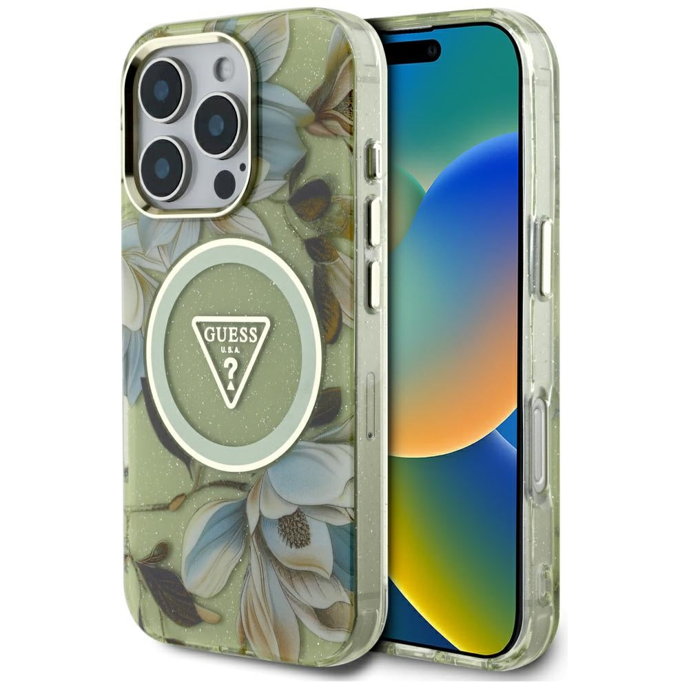 Funda MagSafe para Apple iPhone 16 Pro Max, Guess, IML Metal Glitter Flowers Triangle, Verde
