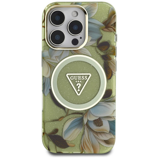 Funda MagSafe para Apple iPhone 16 Pro Max, Guess, IML Metal Glitter Flowers Triangle, Verde