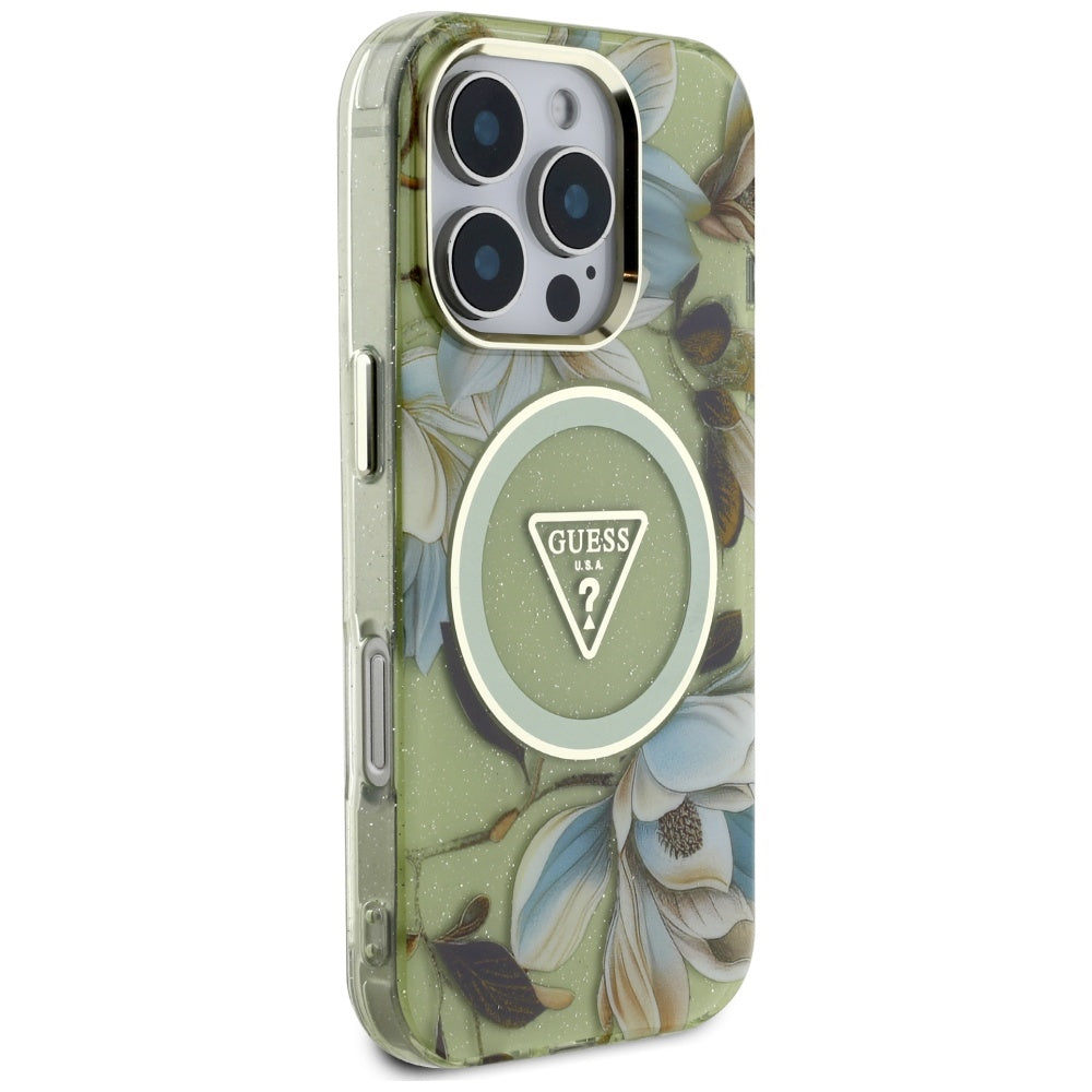 Funda MagSafe para Apple iPhone 16 Pro Max, Guess, IML Metal Glitter Flowers Triangle, Verde