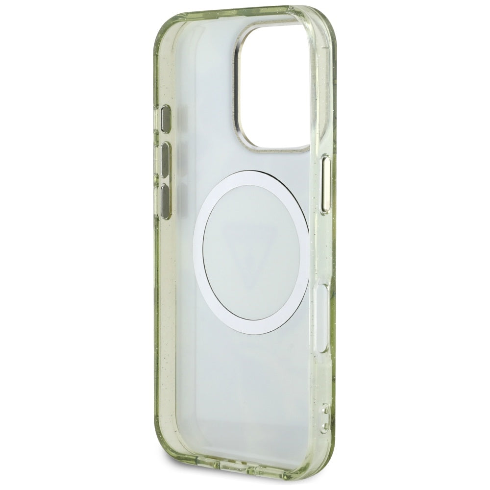 Funda MagSafe para Apple iPhone 16 Pro Max, Guess, IML Metal Glitter Flowers Triangle, Verde
