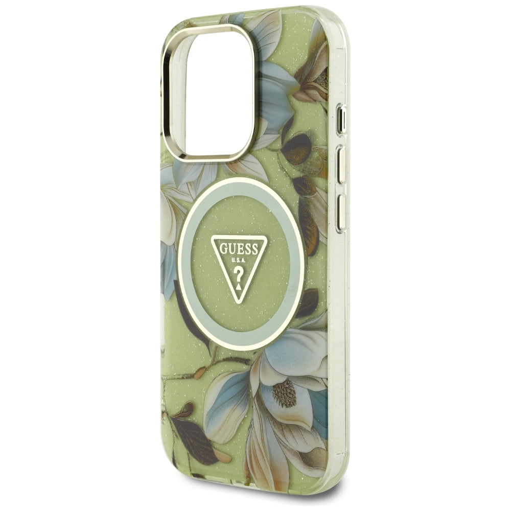 Funda MagSafe para Apple iPhone 16 Pro Max, Guess, IML Metal Glitter Flowers Triangle, Verde