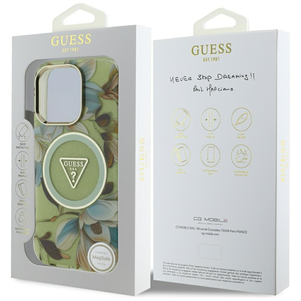 Funda MagSafe para Apple iPhone 16 Pro Max, Guess, IML Metal Glitter Flowers Triangle, Verde
