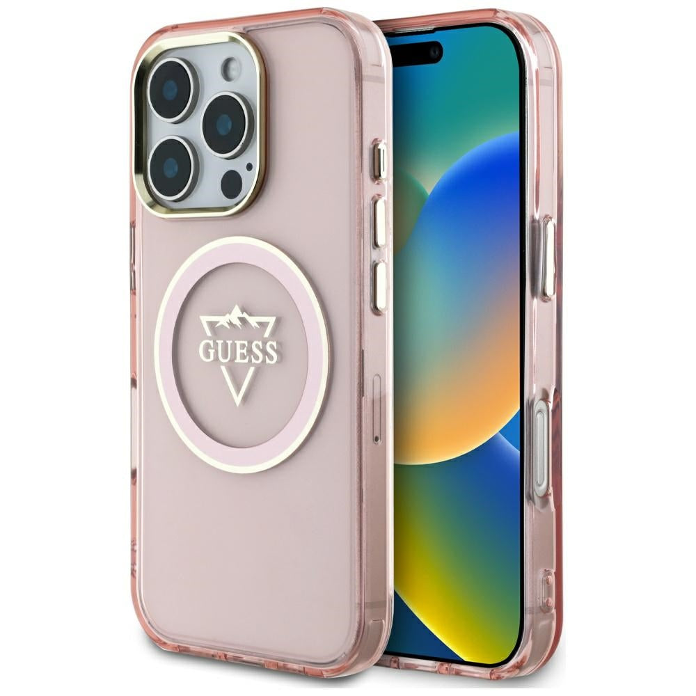 Funda MagSafe para Apple iPhone 16 Pro Max, Guess, IML Metal Mountain Logo, Rosa