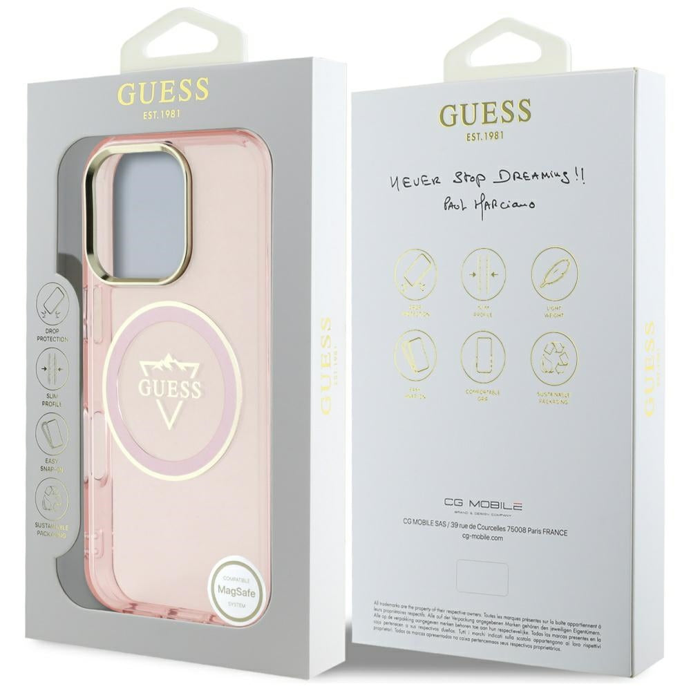 Funda MagSafe para Apple iPhone 16 Pro Max, Guess, IML Metal Mountain Logo, Rosa