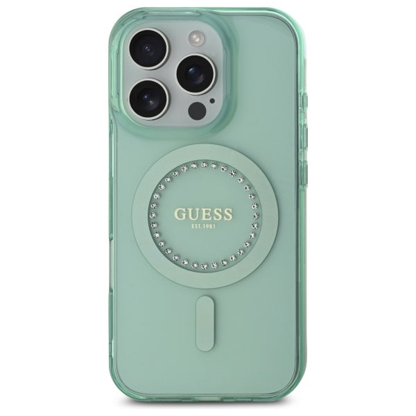 Funda MagSafe para Apple iPhone 16 Pro Max, Guess, IML Rhinestone, Verde