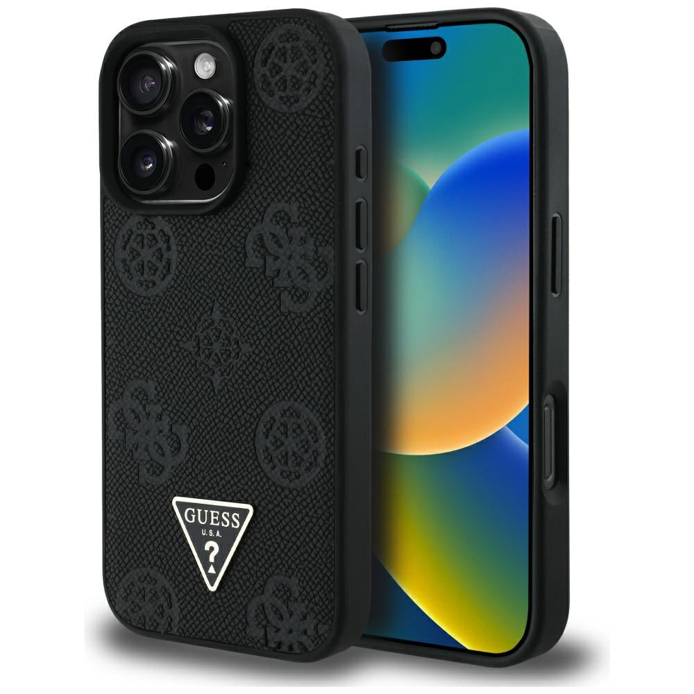Funda MagSafe para Apple iPhone 16 Pro Max, Guess, Peony Grained Hot Stamp Triangle, Negra