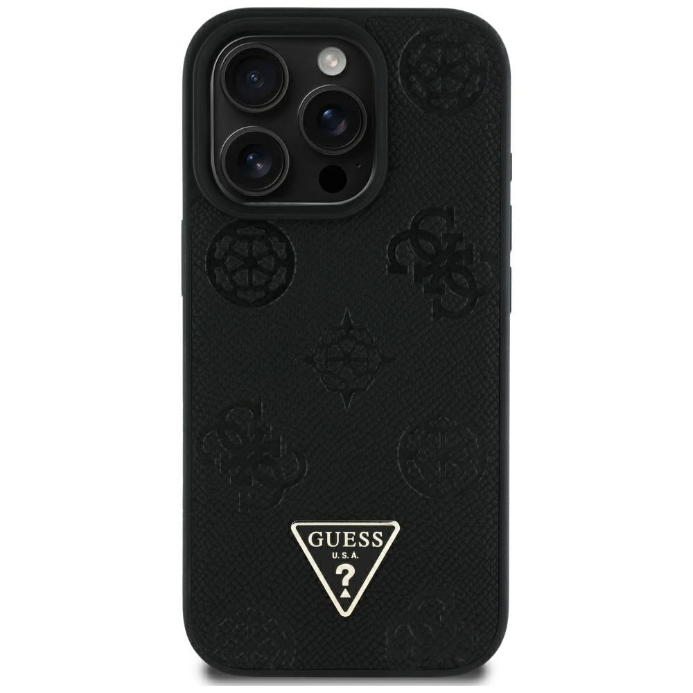 Funda MagSafe para Apple iPhone 16 Pro Max, Guess, Peony Grained Hot Stamp Triangle, Negra