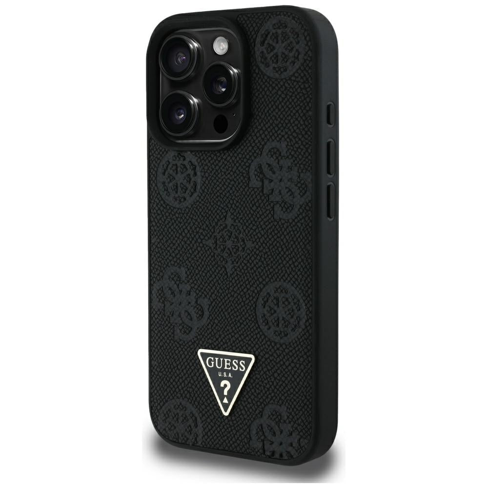 Funda MagSafe para Apple iPhone 16 Pro Max, Guess, Peony Grained Hot Stamp Triangle, Negra