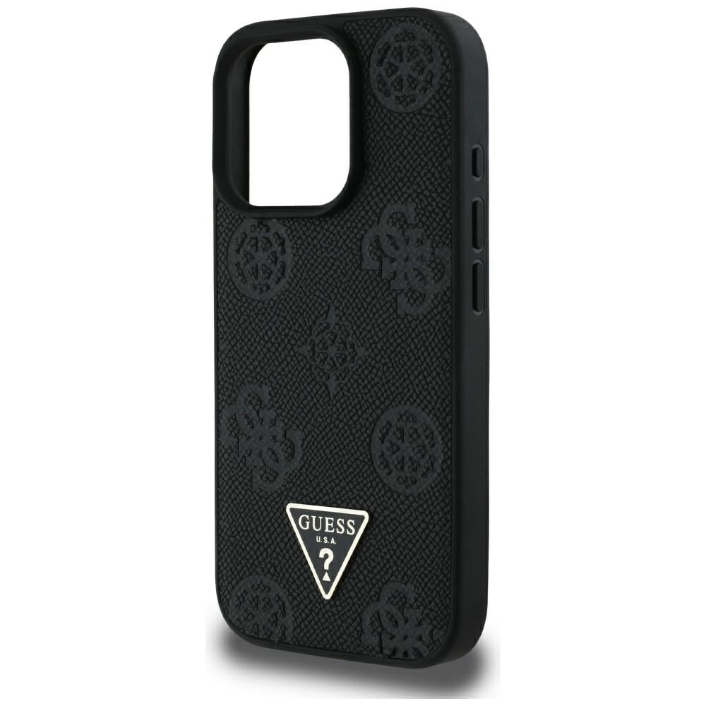Funda MagSafe para Apple iPhone 16 Pro Max, Guess, Peony Grained Hot Stamp Triangle, Negra