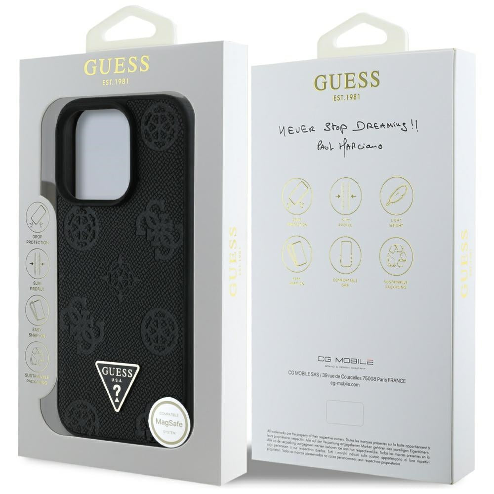 Funda MagSafe para Apple iPhone 16 Pro Max, Guess, Peony Grained Hot Stamp Triangle, Negra