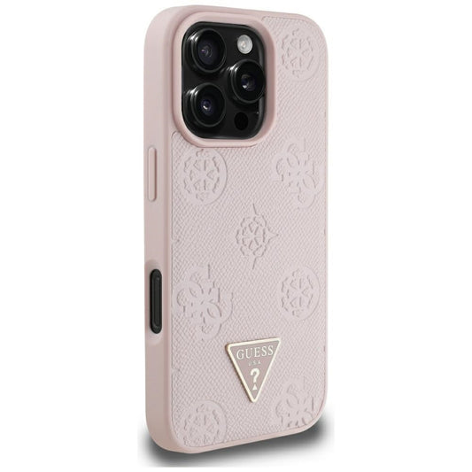 Funda MagSafe para Apple iPhone 16 Pro Max, Guess, Peony Grained Hot Stamp Triangle, Rosa