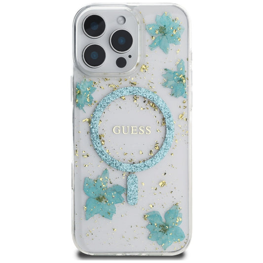 Funda MagSafe para Apple iPhone 16 Pro Max, Guess, Flores de Resina y Purpurina, Turquesa