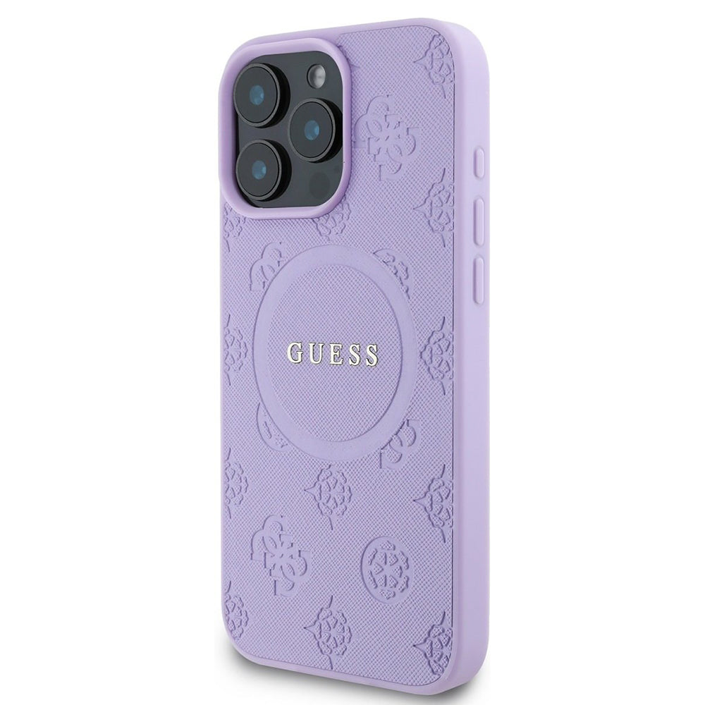 Funda MagSafe para Apple iPhone 16 Pro Max, Guess, Saffiano Peony Classic Logo, Morado