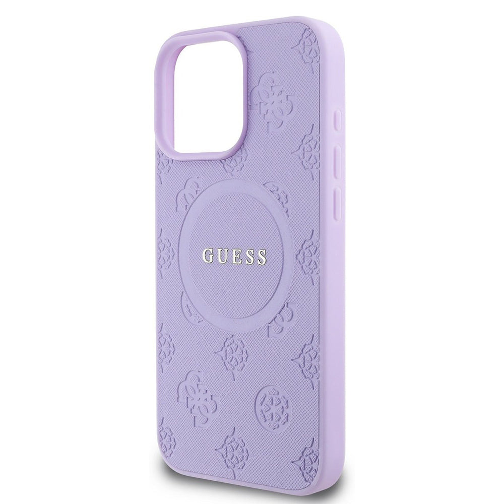 Funda MagSafe para Apple iPhone 16 Pro Max, Guess, Saffiano Peony Classic Logo, Morado