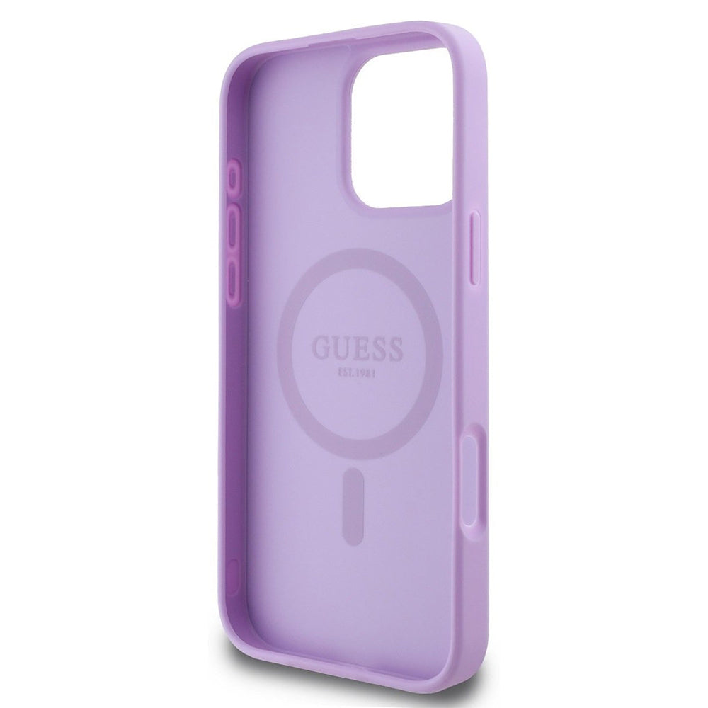 Funda MagSafe para Apple iPhone 16 Pro Max, Guess, Saffiano Peony Classic Logo, Morado