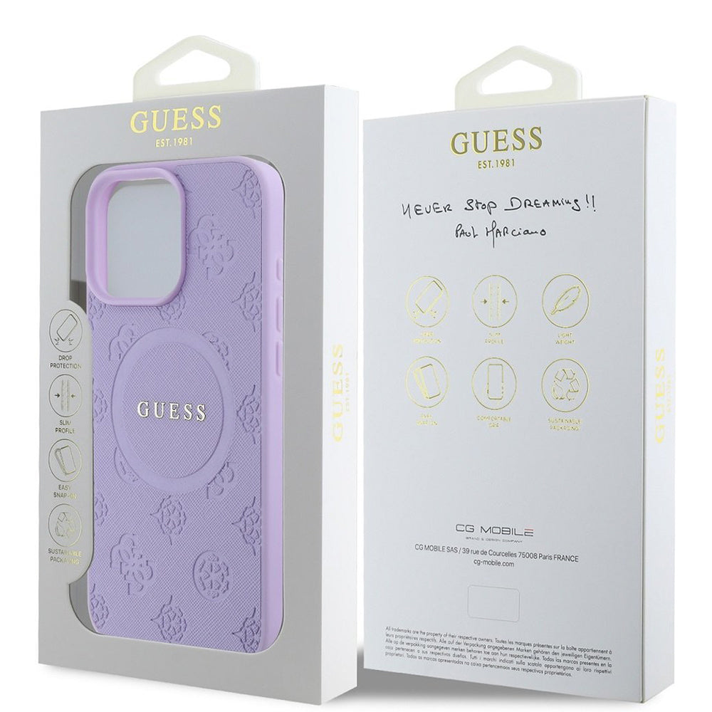 Funda MagSafe para Apple iPhone 16 Pro Max, Guess, Saffiano Peony Classic Logo, Morado