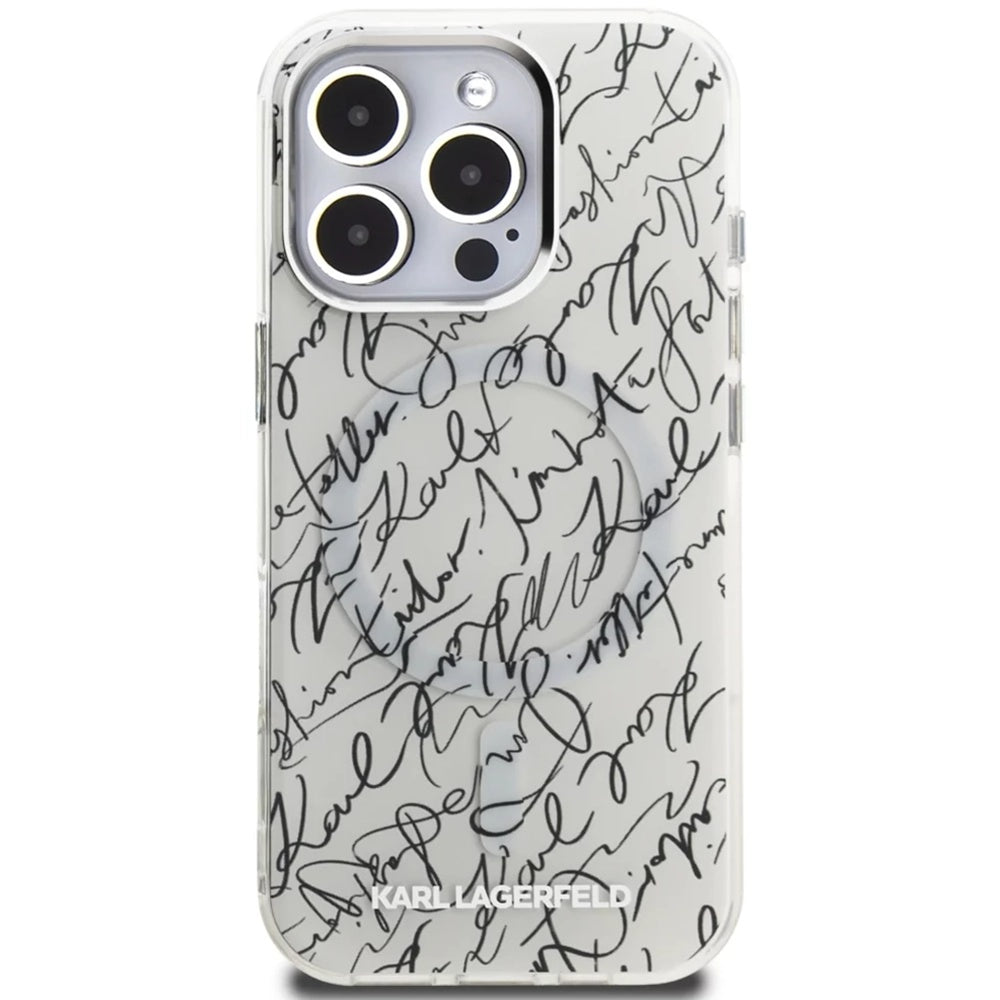 Funda MagSafe para Apple iPhone 16 Pro Max, Karl Lagerfeld, IML Karl Script Pattern, Blanca.