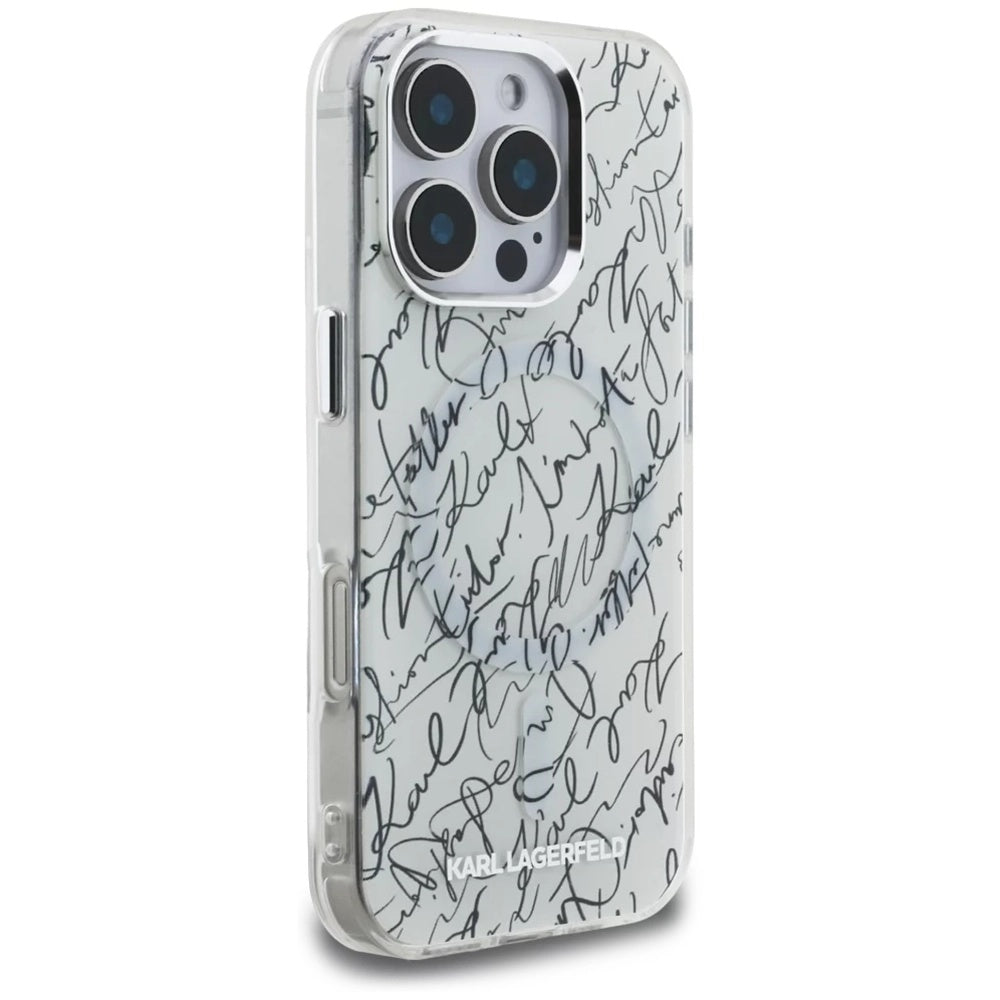 Funda MagSafe para Apple iPhone 16 Pro Max, Karl Lagerfeld, IML Karl Script Pattern, Blanca.