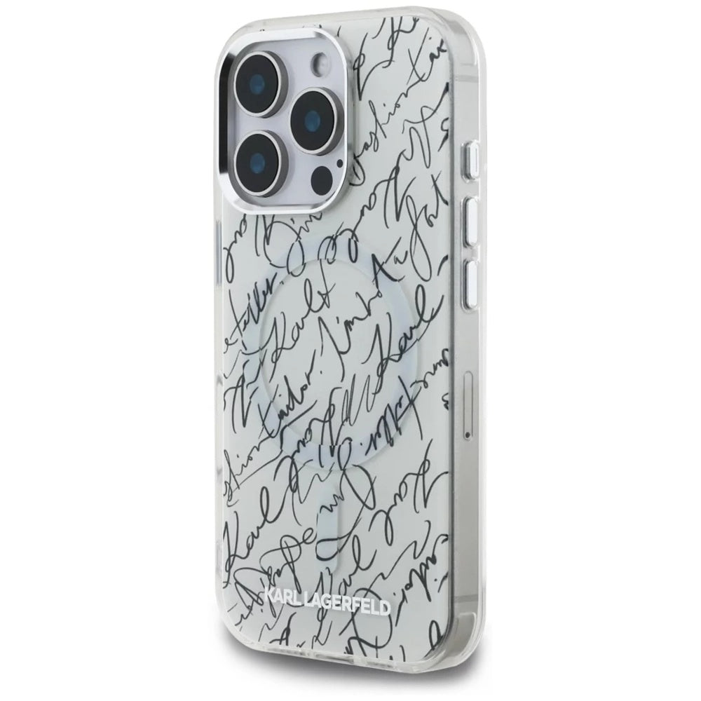 Funda MagSafe para Apple iPhone 16 Pro Max, Karl Lagerfeld, IML Karl Script Pattern, Blanca.
