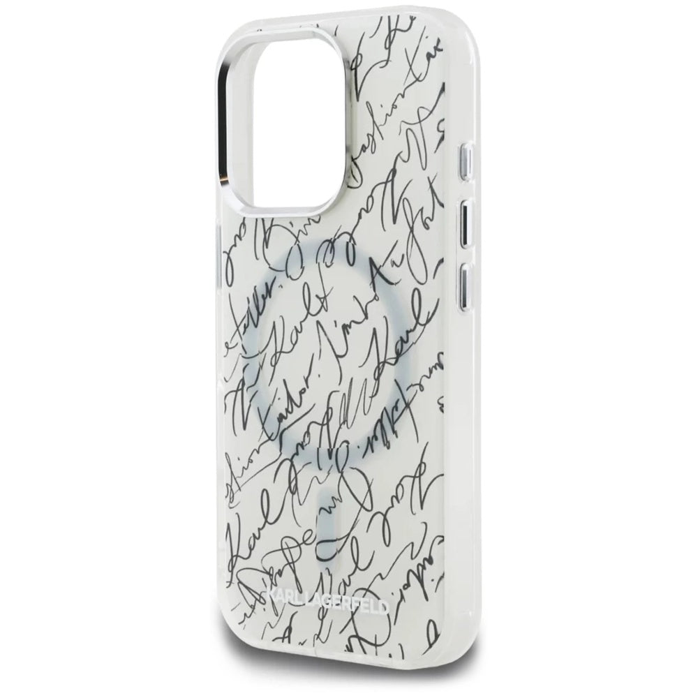 Funda MagSafe para Apple iPhone 16 Pro Max, Karl Lagerfeld, IML Karl Script Pattern, Blanca.