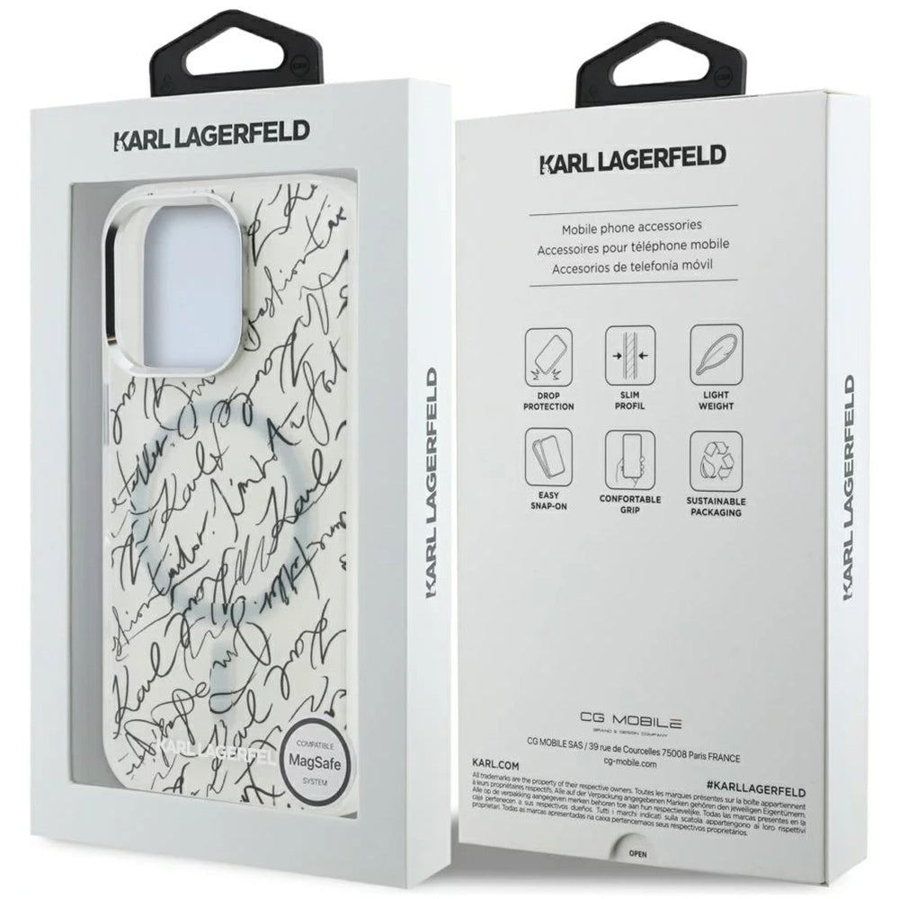 Funda MagSafe para Apple iPhone 16 Pro Max, Karl Lagerfeld, IML Karl Script Pattern, Blanca.