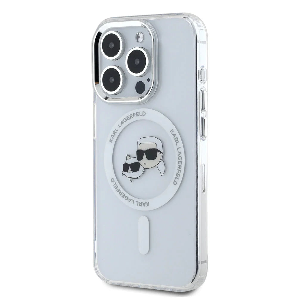 Funda MagSafe para Apple iPhone 16 Pro Max, Karl Lagerfeld, IML Metal Karl & Choupette's Heads, Blanca.