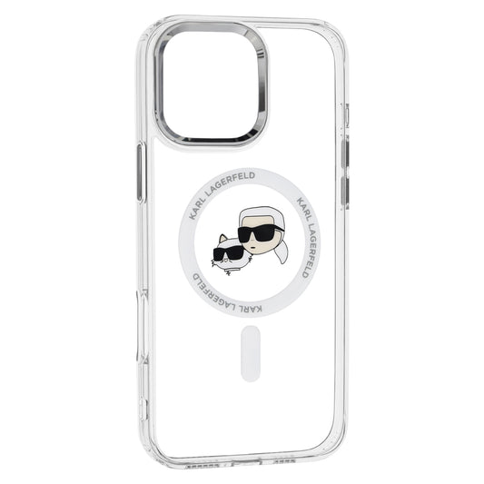 Funda MagSafe para Apple iPhone 16 Pro Max, Karl Lagerfeld, IML Metal Karl & Choupette's Heads, Blanca.