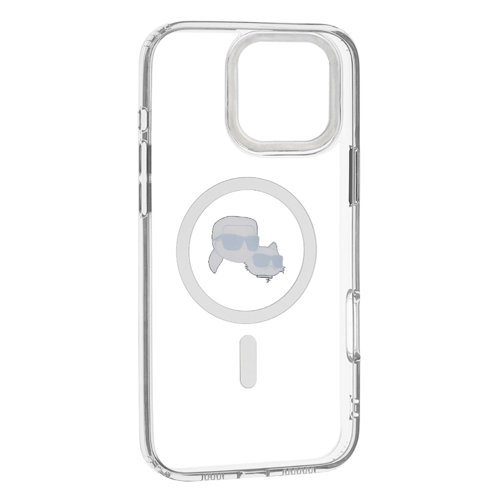 Funda MagSafe para Apple iPhone 16 Pro Max, Karl Lagerfeld, IML Metal Karl & Choupette's Heads, Blanca.