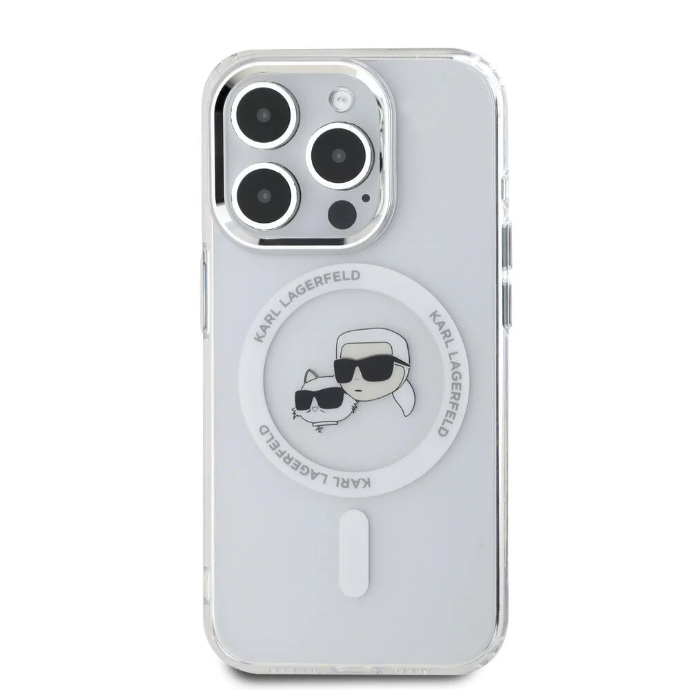 Funda MagSafe para Apple iPhone 16 Pro Max, Karl Lagerfeld, IML Metal Karl & Choupette's Heads, Blanca.