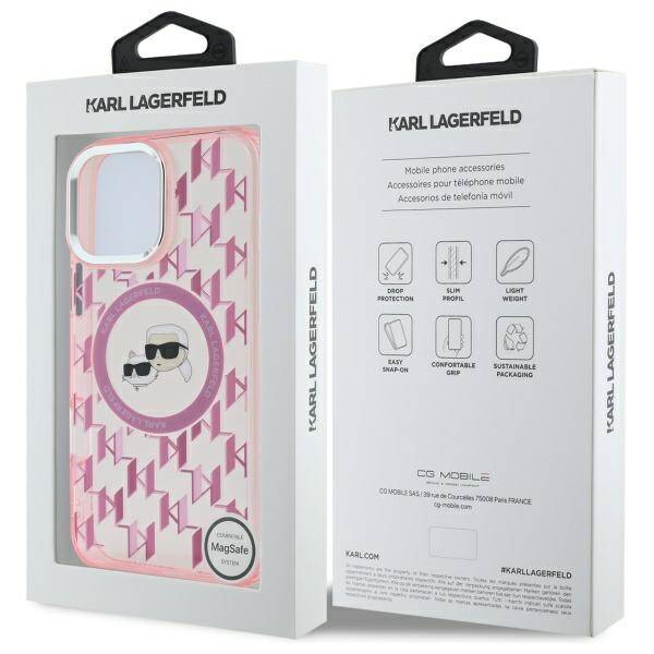 Funda MagSafe para Apple iPhone 16 Pro Max, Karl Lagerfeld, IML Monogram Karl & Choupette's Heads, Rosa