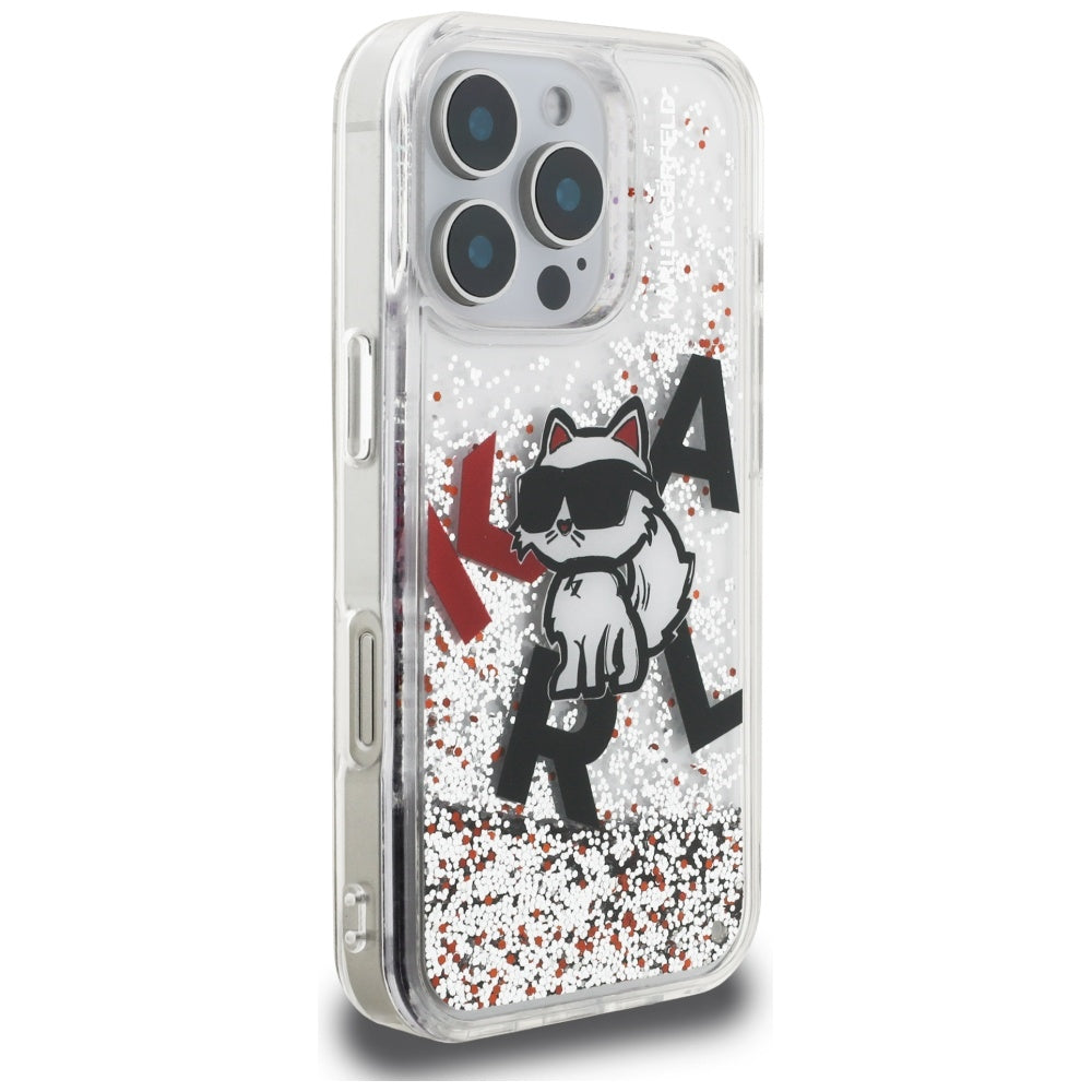 Funda MagSafe para Apple iPhone 16 Pro Max, Karl Lagerfeld, Liquid Glitter Choupette Logo, Transparente
