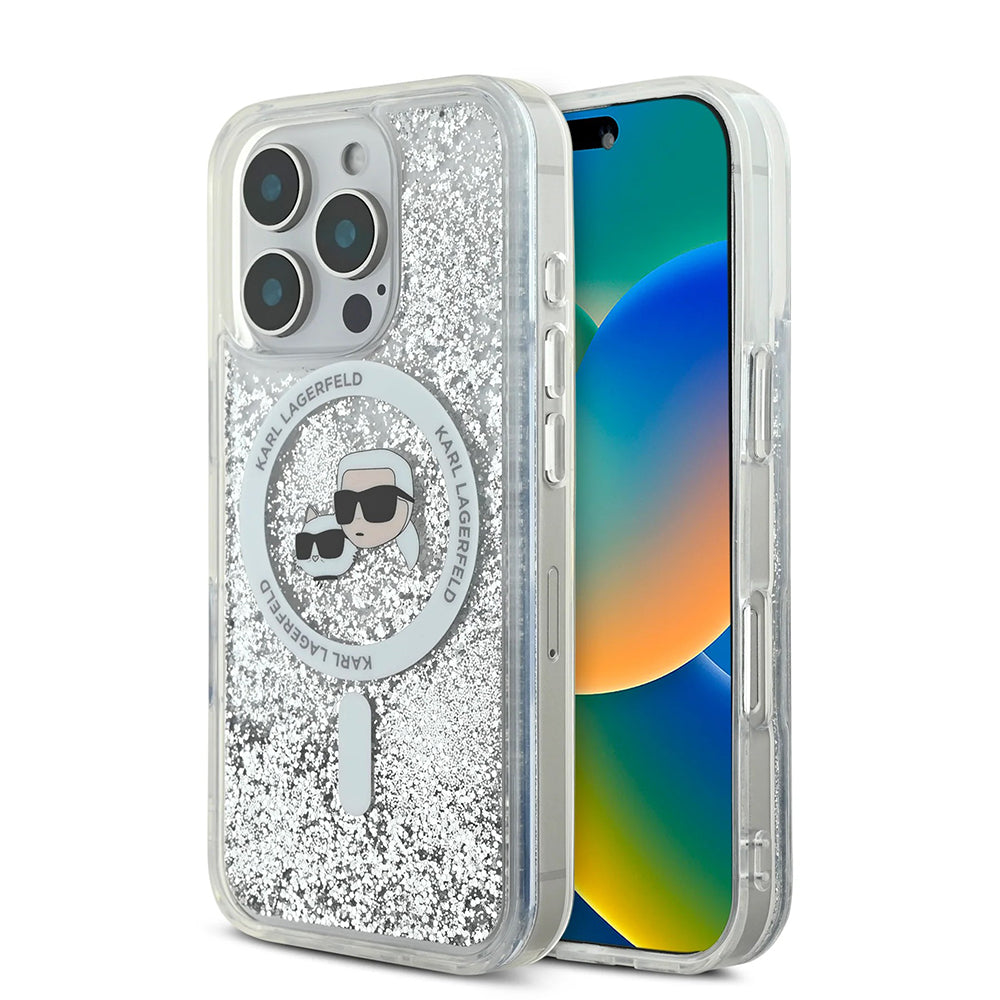 Funda MagSafe para Apple iPhone 16 Pro Max, Karl Lagerfeld, Liquid Glitter Karl & Choupette's Heads, Transparente