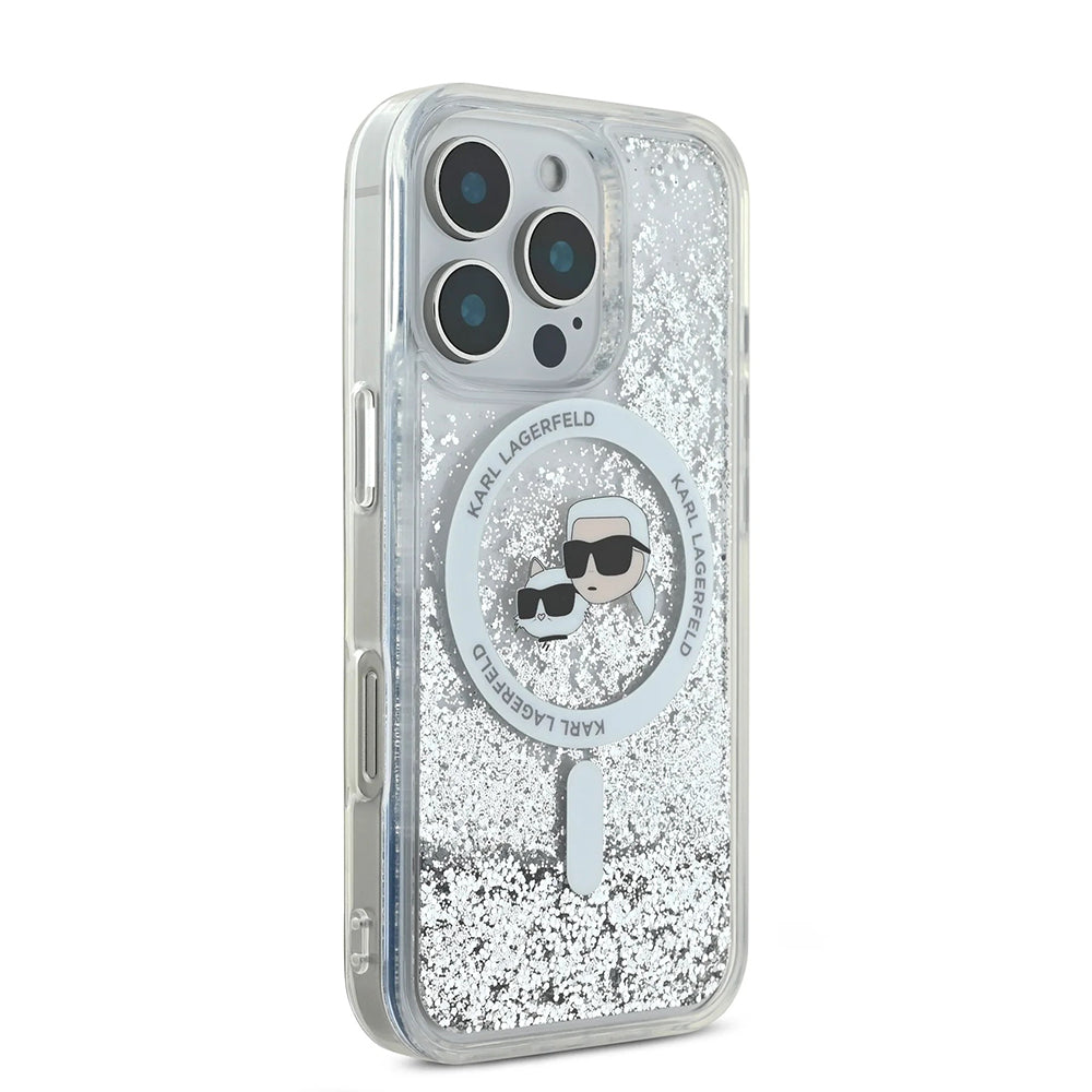 Funda MagSafe para Apple iPhone 16 Pro Max, Karl Lagerfeld, Liquid Glitter Karl & Choupette's Heads, Transparente