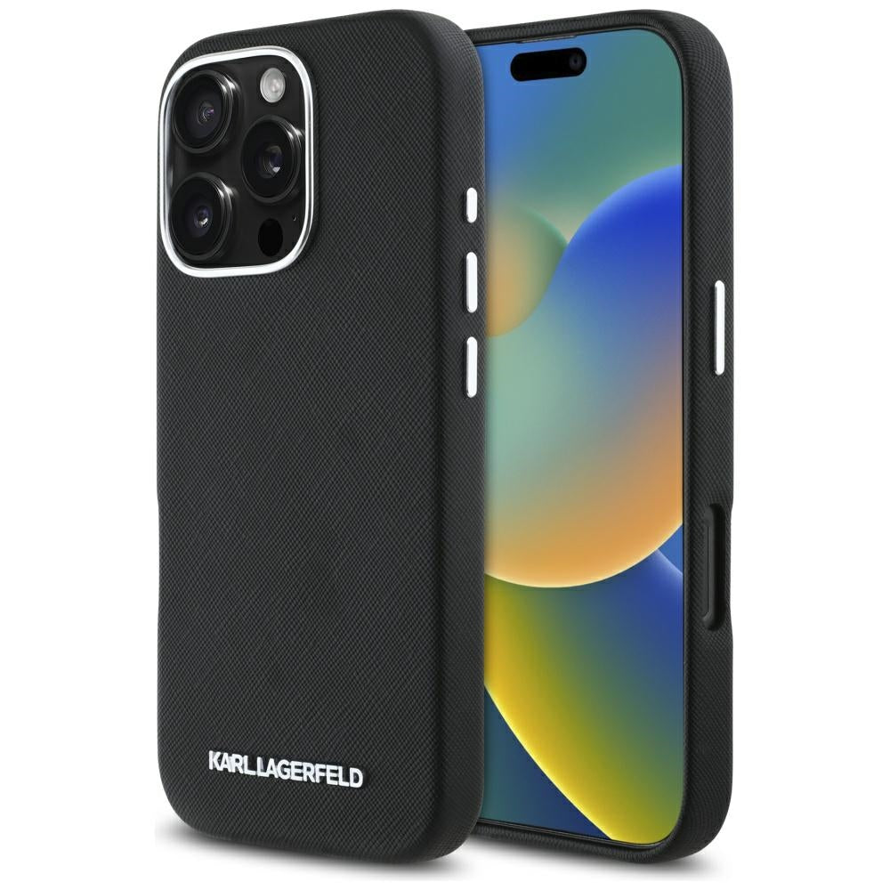 Funda MagSafe para Apple iPhone 16 Pro Max, Karl Lagerfeld, Saffiano Full Wrapped Elongated Metal Logo, Negra