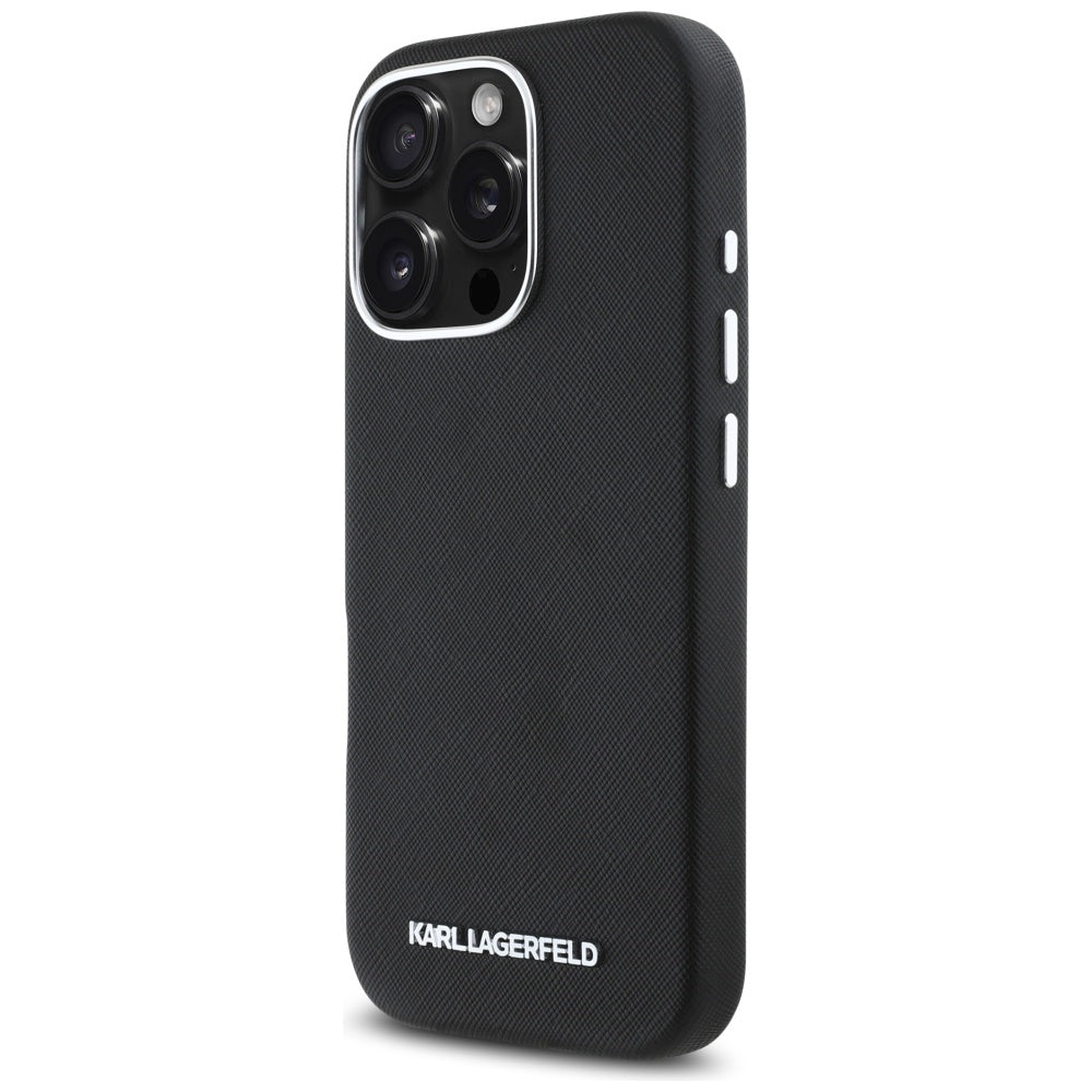 Funda MagSafe para Apple iPhone 16 Pro Max, Karl Lagerfeld, Saffiano Full Wrapped Elongated Metal Logo, Negra