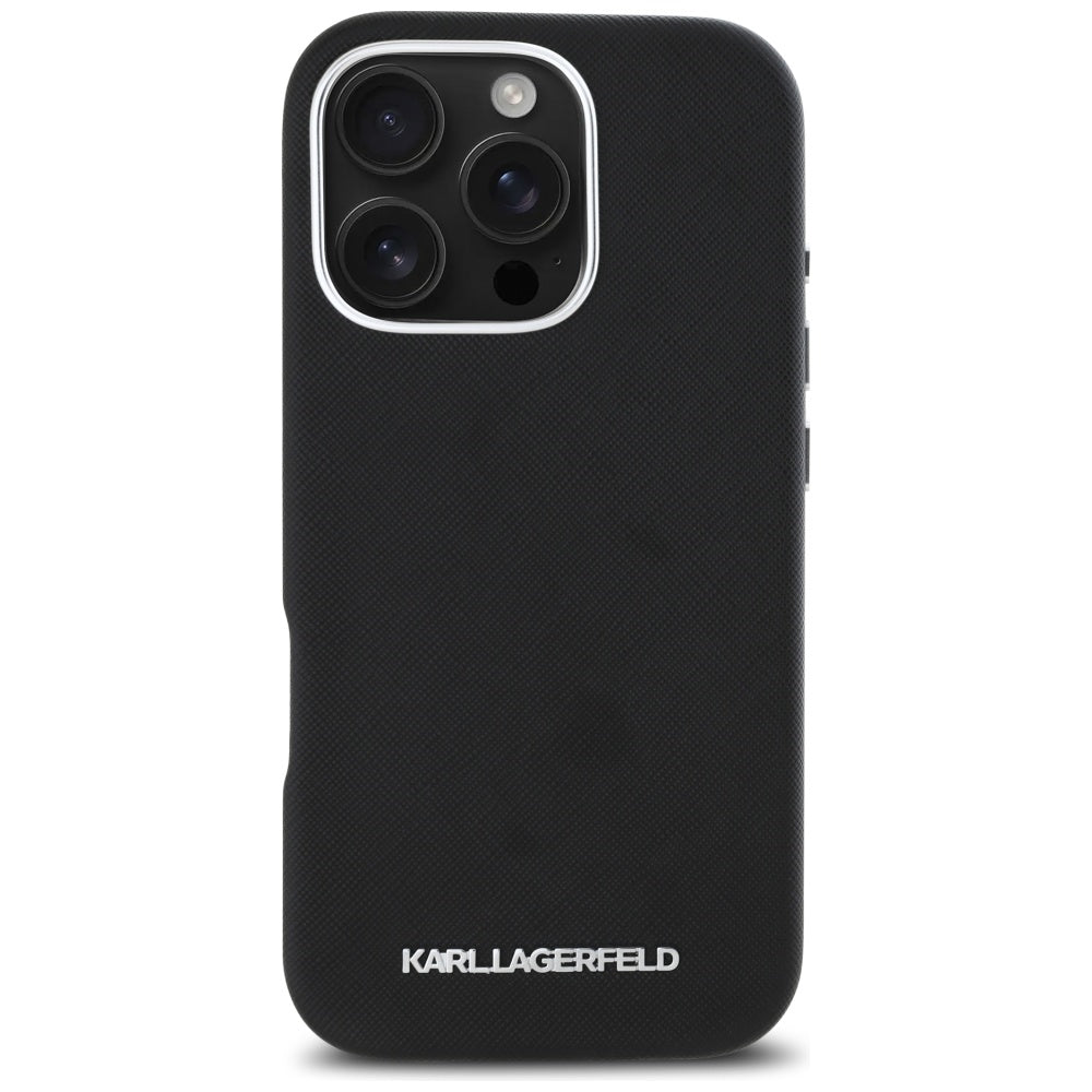 Funda MagSafe para Apple iPhone 16 Pro Max, Karl Lagerfeld, Saffiano Full Wrapped Elongated Metal Logo, Negra