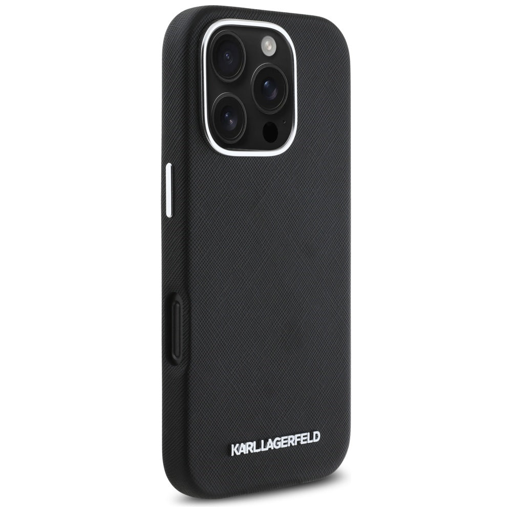 Funda MagSafe para Apple iPhone 16 Pro Max, Karl Lagerfeld, Saffiano Full Wrapped Elongated Metal Logo, Negra