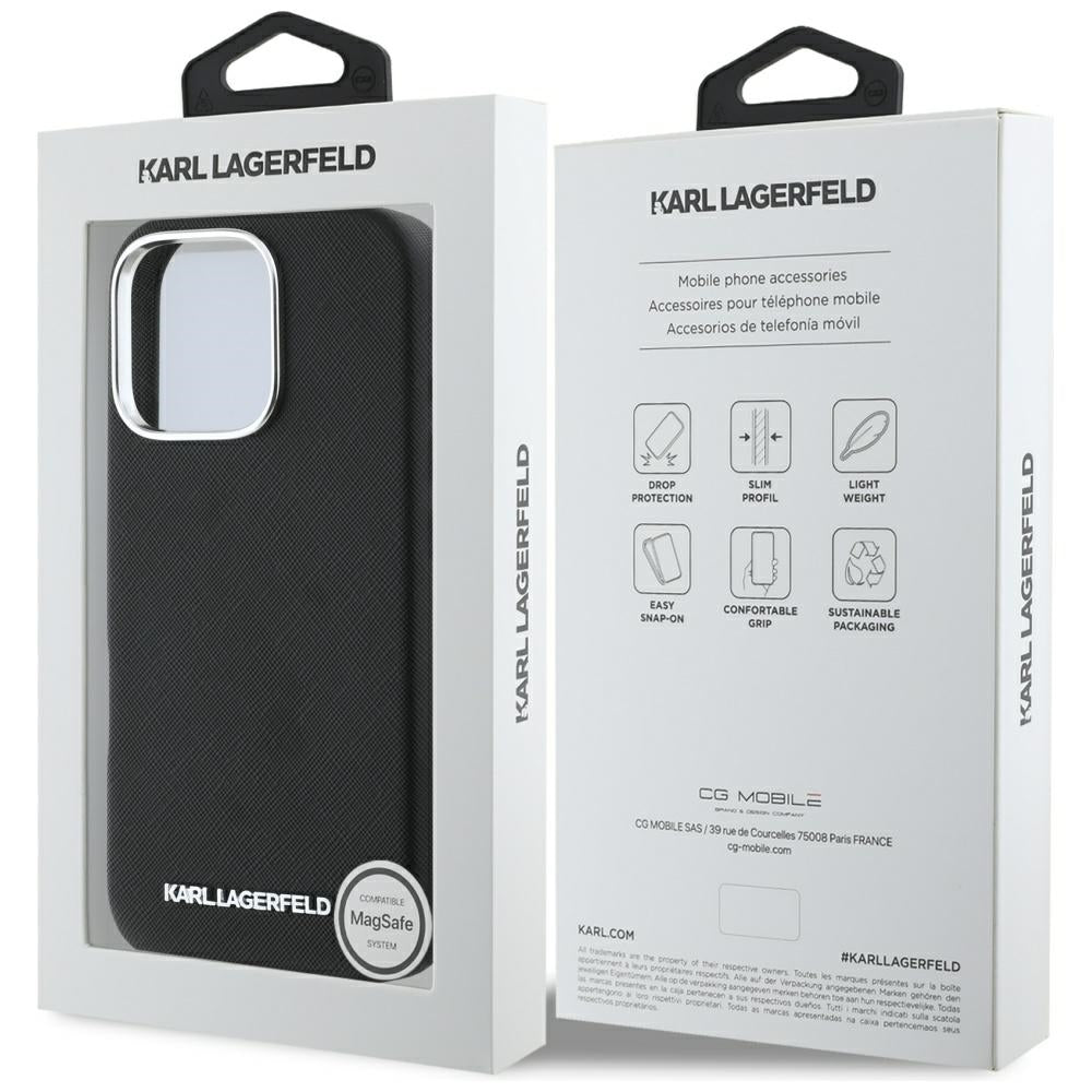 Funda MagSafe para Apple iPhone 16 Pro Max, Karl Lagerfeld, Saffiano Full Wrapped Elongated Metal Logo, Negra