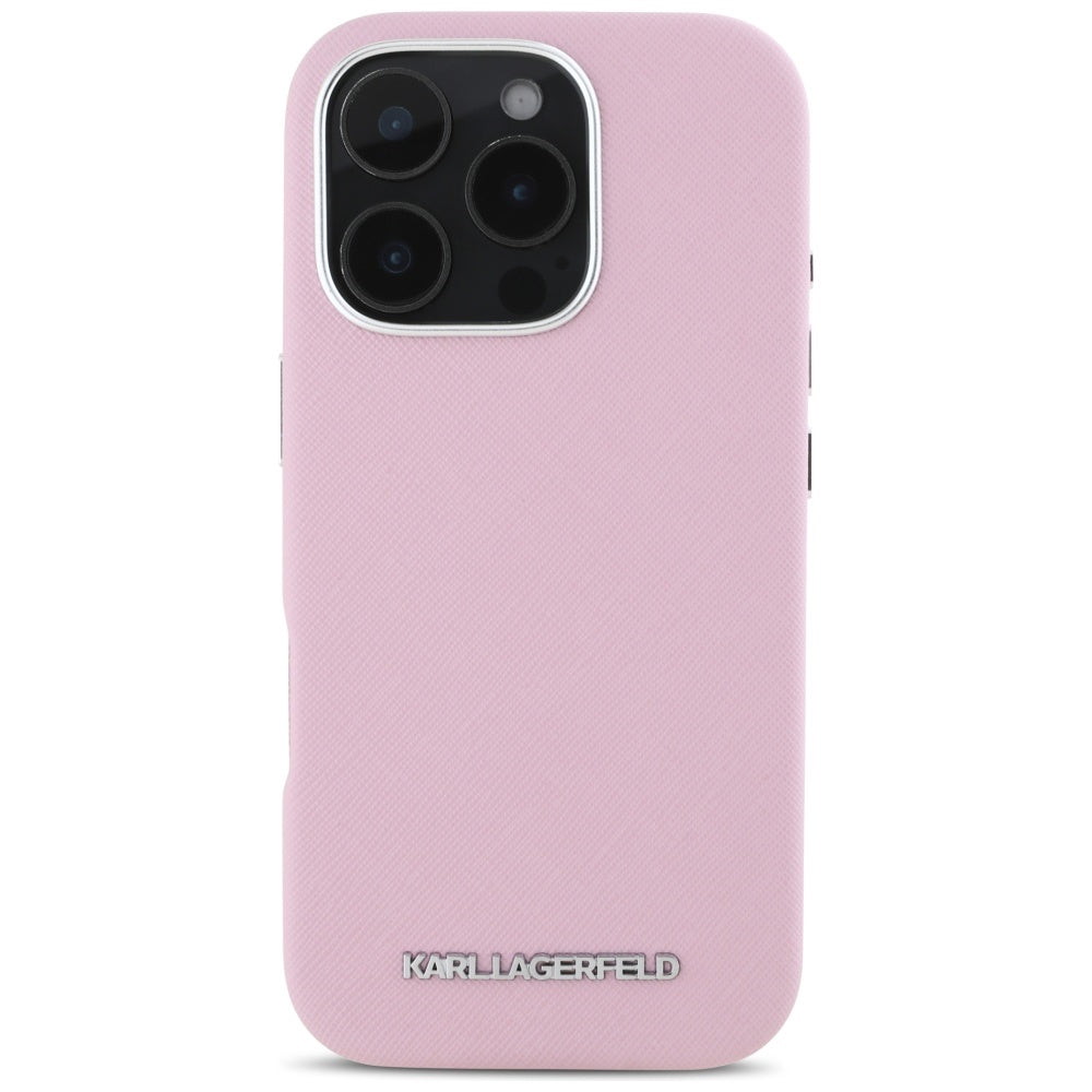 Funda MagSafe para Apple iPhone 16 Pro Max, Karl Lagerfeld, Saffiano Full Wrapped Elongated Metal Logo, Rosa.